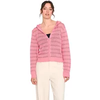 Pink hooded cardigan with a zip front, textured knit pattern, and ribbed cuffs by 24 Colours.