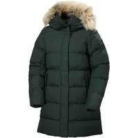 Dark green women's hooded parka with fur trim, quilted design, and knee-length cut by Helly Hansen.