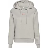 Gray women's hooded sweatshirt by Dangerous DNGRS with small red logo on chest and drawstring hood.