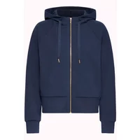 Navy blue women's hooded sweatshirt by fransa, front zip closure, drawstring hood, long sleeves.