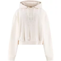 Cream Guess women's hooded sweatshirt with drawstrings and subtle front logo embroidery.