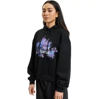 Black women's hooded sweatshirt with colorful firework design and "Just Rhyse" text on the front.