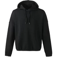 Black women's hooded sweatshirt by Q Sportswear, featuring drawstrings and a relaxed fit.