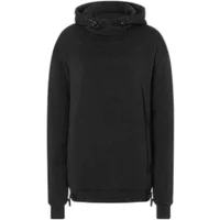 Black women's hooded sweatshirt by Super.Natural with drawstring hood and ribbed cuffs.