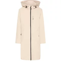 Beige women's hooded waterproof jacket with front zipper, adjustable drawstrings, and side pockets by fransa Shelly.