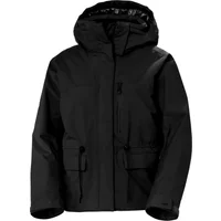 Black Helly Hansen women's hoodie with front zipper, adjustable hood, and side pockets.