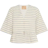 White and blue striped women's jacket CULTURE CUAxelle with V-neck, button closure, and flared sleeves.