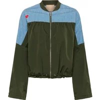Women's CULTURE CUJaliana jacket, olive green with light blue shoulders, red heart detail, and front zipper.