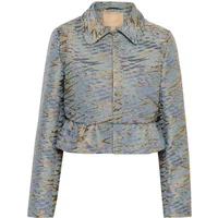 Blue patterned women's jacket CULTURE CUSofie with a collar, long sleeves, and a ruffled hem.