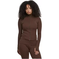 Brown DEF Gym women's jacket, long sleeves, front zipper, fitted design, high collar, thumb holes.