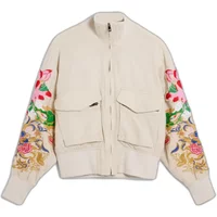 Beige Desigual women's jacket with floral embroidery on sleeves and large front pockets.