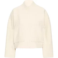 Cream-colored women's jacket by Ichi, featuring a high collar and long sleeves with a minimalist design.