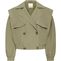 Olive green Ichi Gezavo women's jacket, double-breasted with large lapels, flap pockets, and elastic cuffs.