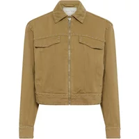 Tan women's jacket KAFFE Brynn Twill with front zipper, two chest pockets, and pointed collar.