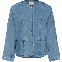 Blue denim women's jacket with round neckline, button front, and two front pockets by Soaked in Luxury.