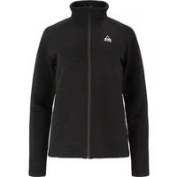 Black women's SOS Muju jacket with high collar, front zipper, and subtle textured pattern.