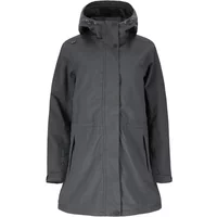 Dark gray women's jacket with hood, front zipper, and long sleeves, featuring a sleek, weather-resistant design.