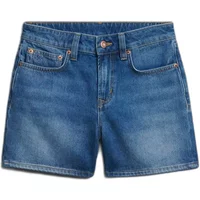 Blue denim women's jean shorts by Superdry with front pockets and button closure.