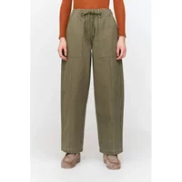 Olive green women's jeans by 24 Colours, wide-leg fit, drawstring waist, large front pockets.