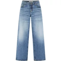 Guess women's baggy jeans, light blue denim with high waist, wide legs, and subtle fading on thighs.