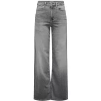 Gray high-waisted women's jeans with wide legs and front button closure.