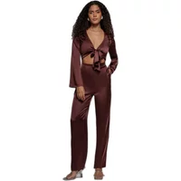 Maroon satin women's jumpsuit with front cut-out, long sleeves, and tie-front detail by Goddiva.