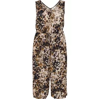 Women's sleeveless jumpsuit with leopard print, V-neckline, and elastic waist by KAFFE Curve.