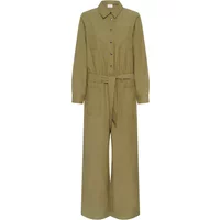 Olive green women's jumpsuit by Kaffe with long sleeves, button front, collar, and waist tie.