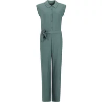 Sleeveless green jumpsuit with collar, button front, and waist tie belt.