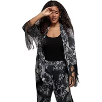 Women's kimono by Goddiva with black and silver foil print, fringe sleeves, and floral pattern.