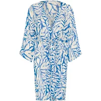 Women's kimono by Kaffe, white with blue abstract leaf pattern, loose fit, mid-length sleeves, and tie waist.