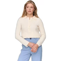 Cream knitted blouse with collar, long sleeves, and button-up front, worn by a model with light blue pants.