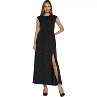 Black women's knitted dress by Nife, sleeveless, with a high slit and belted waist.