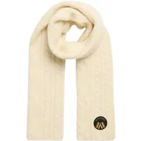 Cream Superdry Cable Luxe women's knitted scarf with cable pattern and black logo patch.