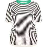 Black and white striped knitted sweater with green neckline and short sleeves by KAFFE Curve.