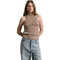 Beige knitted tank top with high neck and ribbed texture, worn by a model with light blue jeans.
