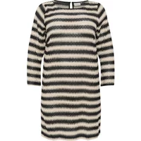 Black and white striped lace dress with three-quarter sleeves and a round neckline.