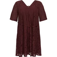 Burgundy lace dress by KAFFE Curve with short sleeves, V-neckline, and knee-length hem.