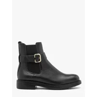 Black leather Chelsea boots by Ryłko with buckle strap, elastic side panels, and low heel.