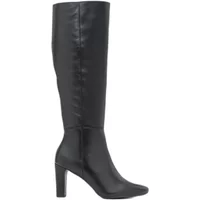 Black knee-high leather boots with a sleek design and block heels by Ryłko Doriss.