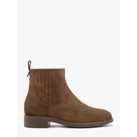 Brown leather ankle boots with side zipper, low block heel, and pull tab by Ryłko Taja.
