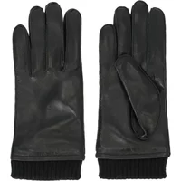 Black leather women's gloves with ribbed knit cuffs, by Weather Report Kadence.