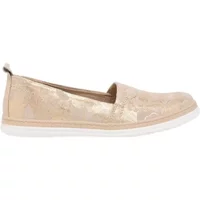 Beige women's leather loafers by Lasocki with a subtle floral pattern and white rubber sole.