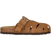 Brown leather sandals with cut-out design, adjustable buckle, and cork sole by Nou Greco.