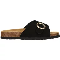 Black leather women's sandals with cork sole, wide strap, and silver buckle detail.