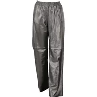 Oakwood Uranus Metal women's leather trousers, metallic silver, elastic waistband, straight leg design.