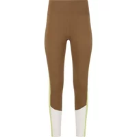 Brown Athlecia Sukey women's leggings with high waist, white and yellow color-blocked lower legs.