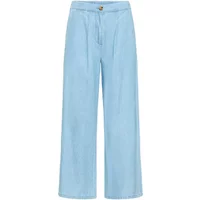 Light blue women's linen trousers by Ichi, wide-leg fit with a button closure and subtle pleats.