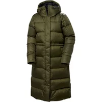 Olive green women's long down coat with hood, quilted design, and front zipper by Helly Hansen.