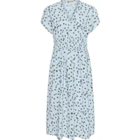 Light blue women's long dress with short sleeves and floral pattern, featuring a fitted waist and V-neckline.